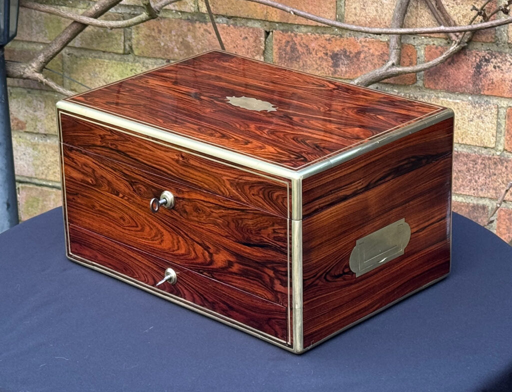 Front right view of an Antique Jewellery Box in Kingwood, by Green of Oxford Street.