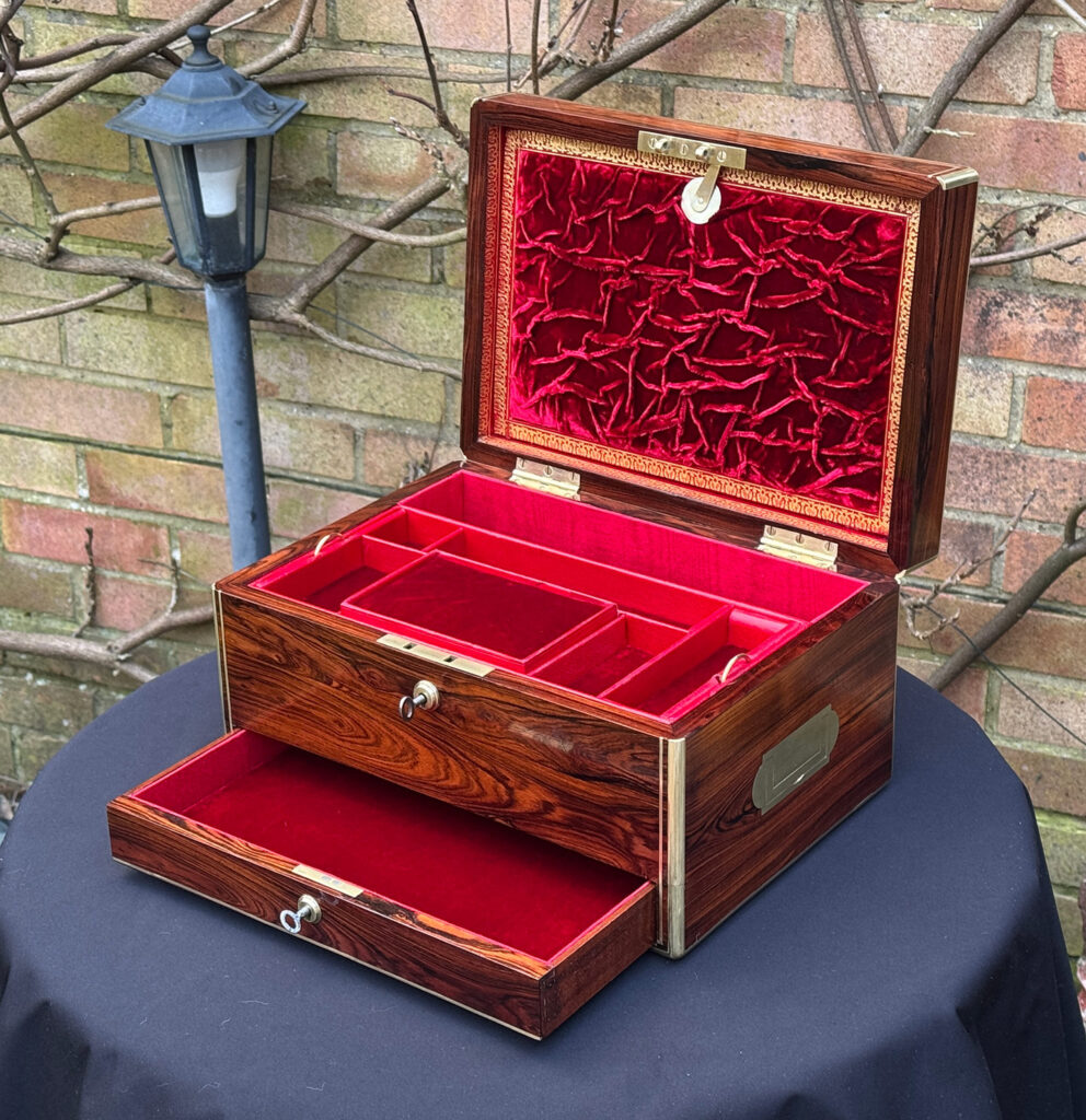 Front right internal view of an Antique Jewellery Box in Kingwood, by Green of Oxford Street.