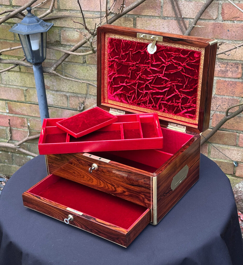 Front right internal view of an Antique Jewellery Box in Kingwood, by Green of Oxford Street with tray removed.