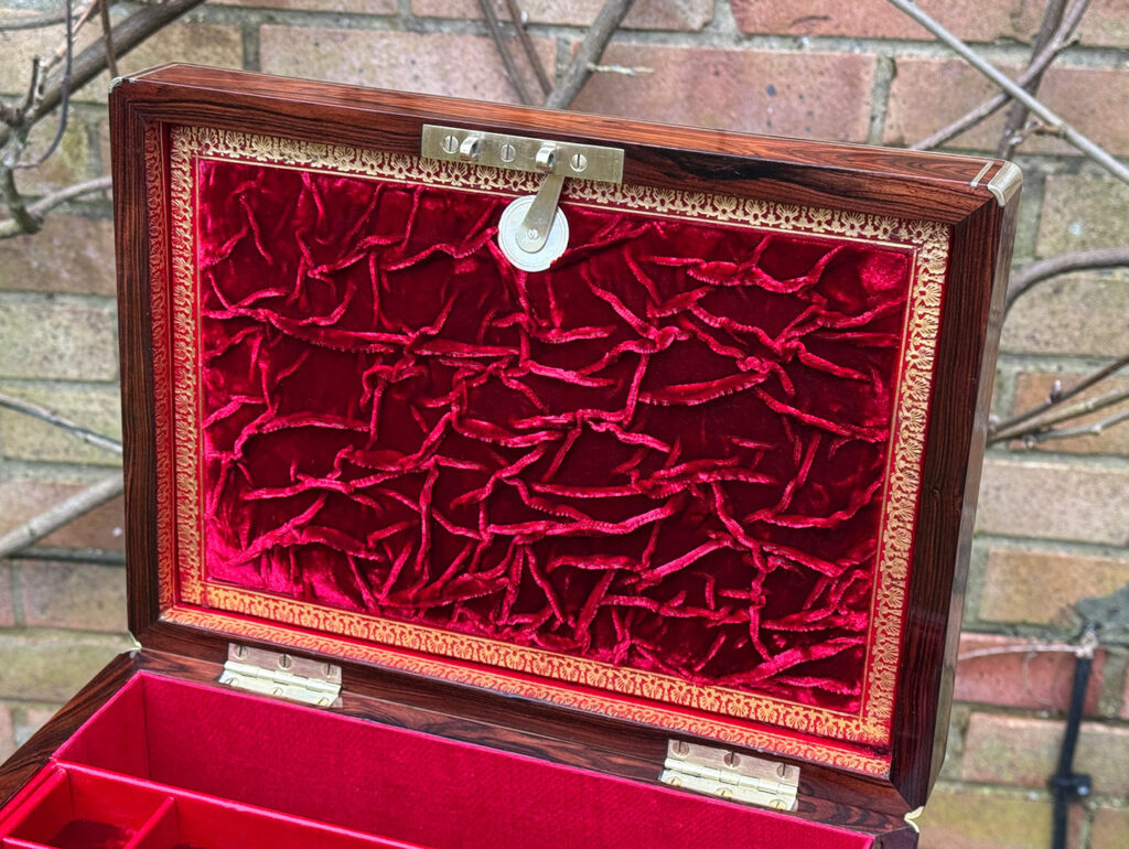 Close up of velvet ruching from an Antique Jewellery Box in Kingwood, by Green of Oxford Street.