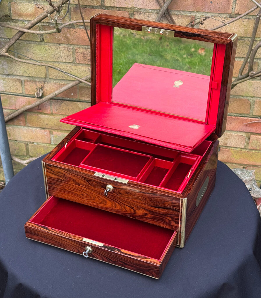 Front internal view of an Antique Jewellery Box in Kingwood, by Green of Oxford Street with mirror revealed.