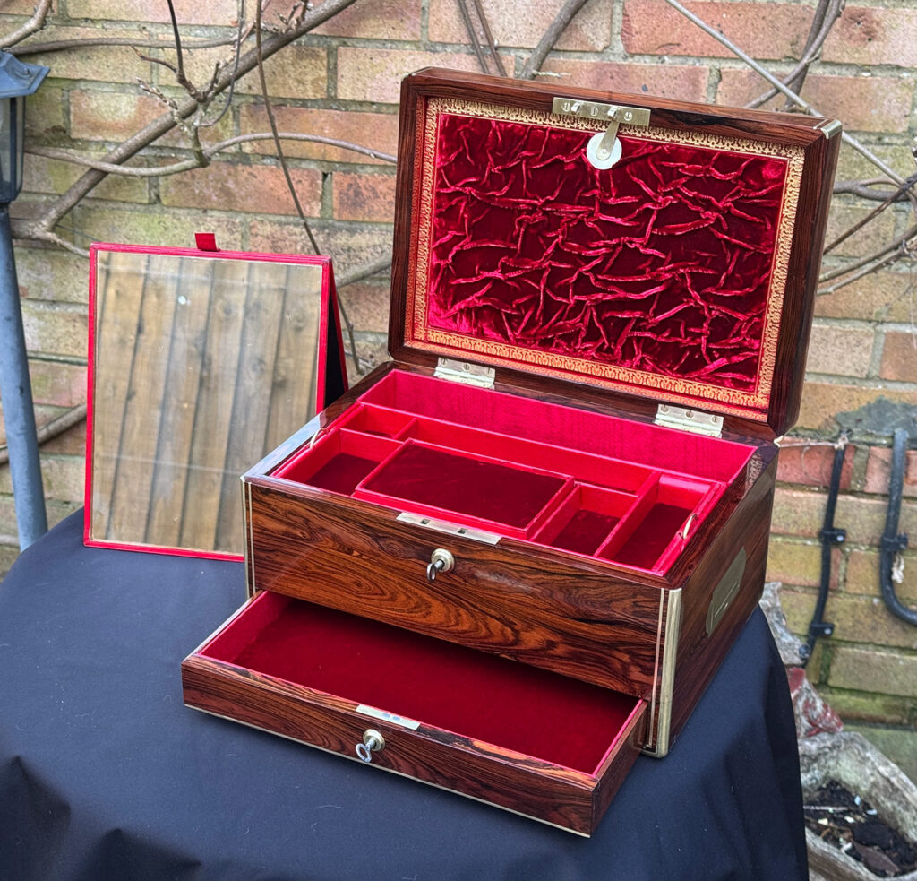 Front right internal view of an Antique Jewellery Box in Kingwood, by Green of Oxford Street.