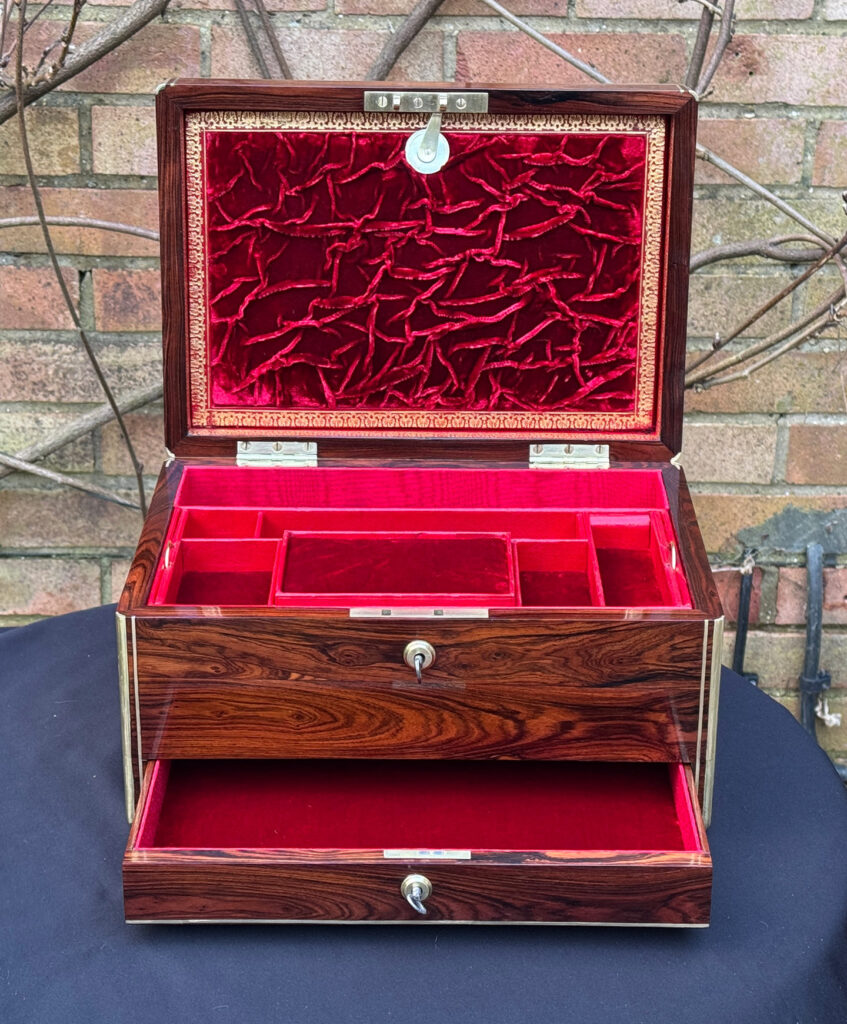 Front internal view of an Antique Jewellery Box in Kingwood, by Green of Oxford Street.