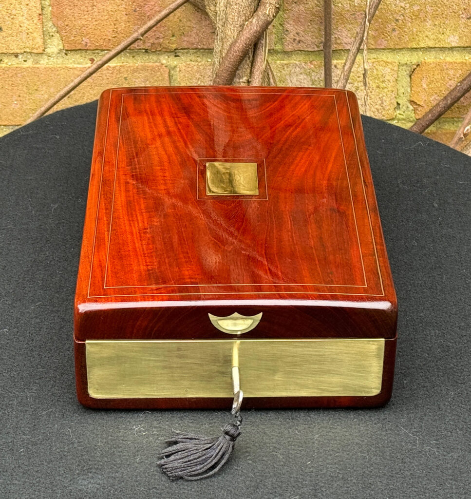 Front view of a Large French Antique Travelling Jewellery Box in Cuban Mahogany.