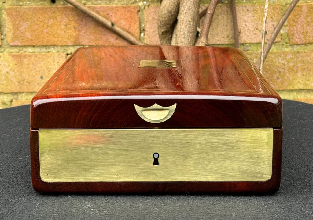 Head on view of a Large French Antique Travelling Jewellery Box in Cuban Mahogany.
