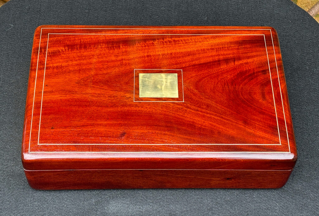 Top view of a Large French Antique Travelling Jewellery Box in Cuban Mahogany.