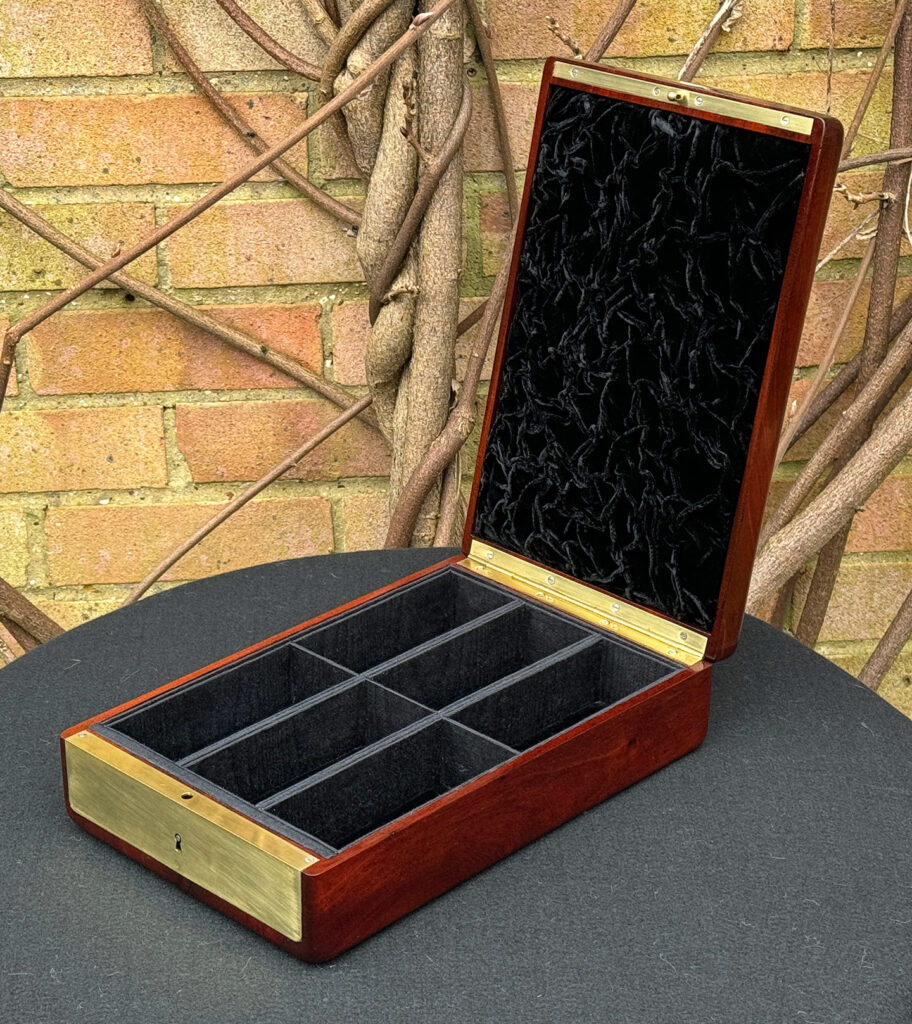 Front right internal view of a Large French Antique Travelling Jewellery Box in Cuban Mahogany.