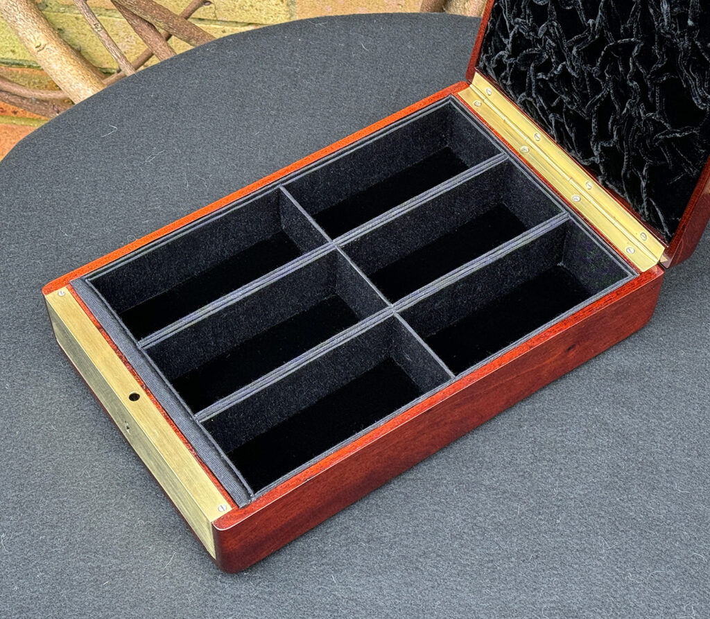 Overhead internal view of a Large French Antique Travelling Jewellery Box in Cuban Mahogany.