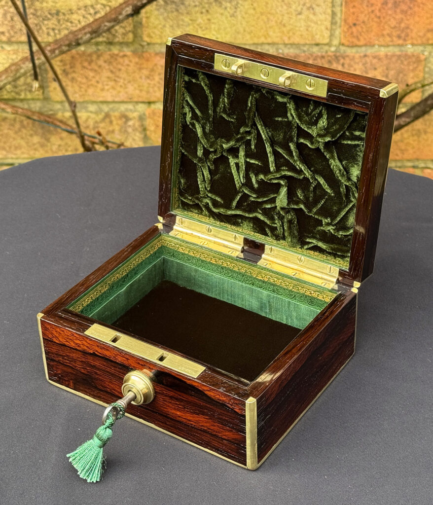 Right overhead open view of a Miniature Antique Jewellery Box in Rosewood, by Edwards.