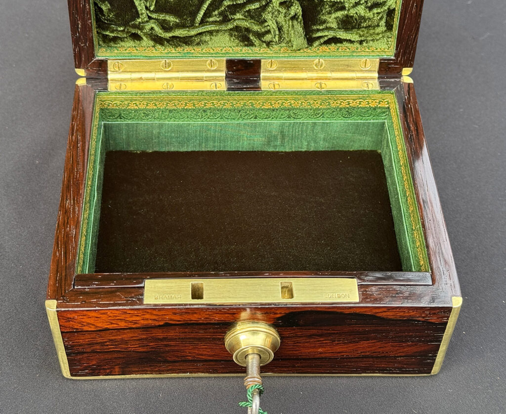 Close up internal view of a Miniature Antique Jewellery Box in Rosewood, by Edwards.
