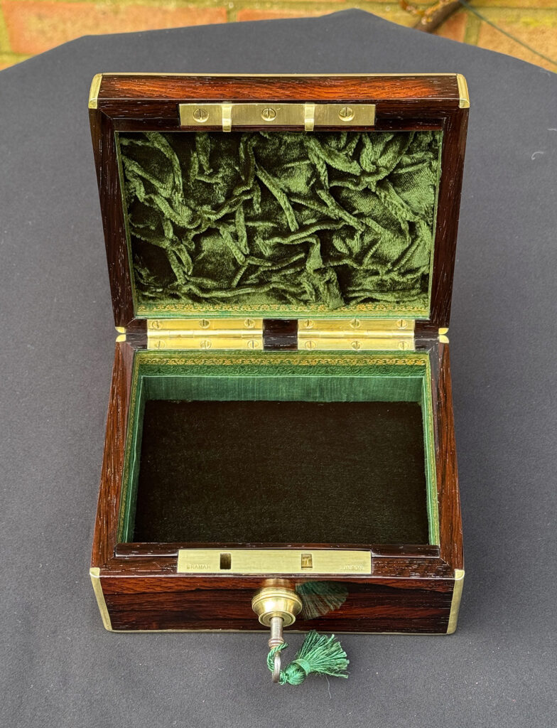 Front overhead internal view of a Miniature Antique Jewellery Box in Rosewood, by Edwards.