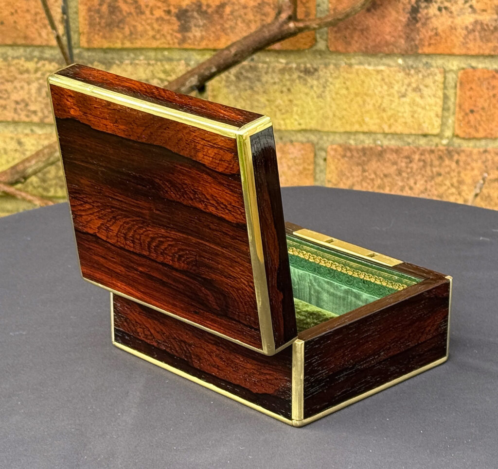 Rear left open view of a Miniature Antique Jewellery Box in Rosewood, by Edwards.
