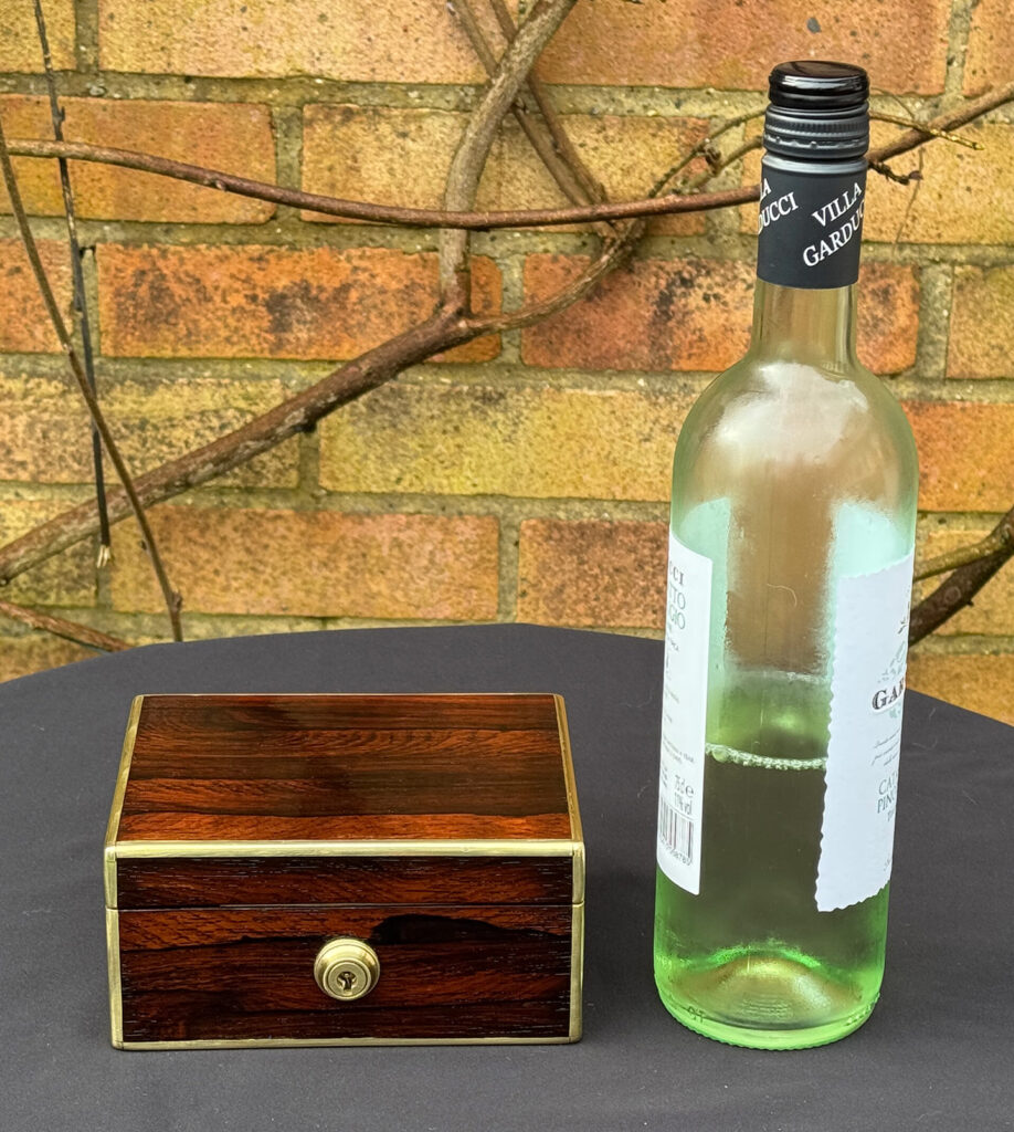 Size comparison of a Miniature Antique Jewellery Box in Rosewood, by Edwards.