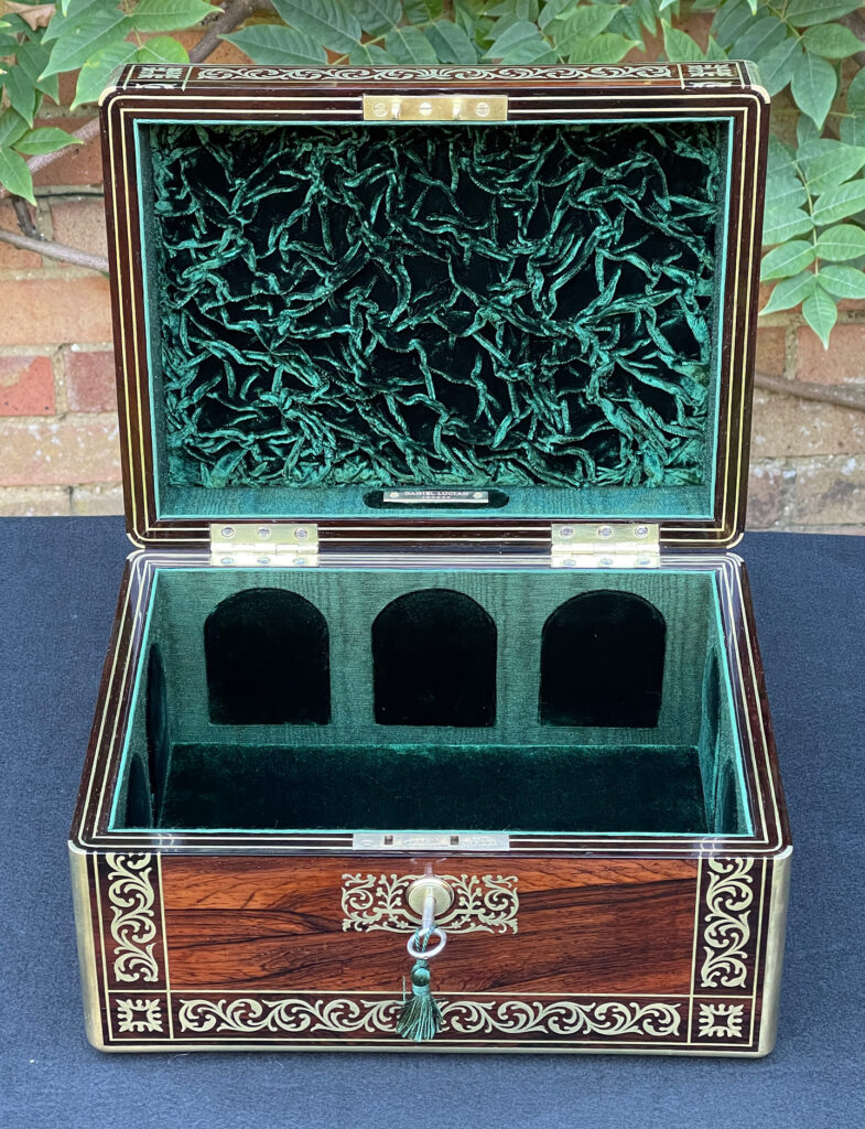 Front internal view of an Antique Jewellery Box in Rosewood with Scrollwork Brass Inlay.
