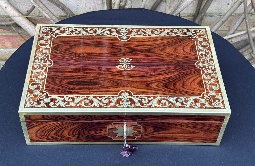 Front overhead view of an Antique Jewellery Box in Kingwood with Brass Inlay, by Wells and Lambe.