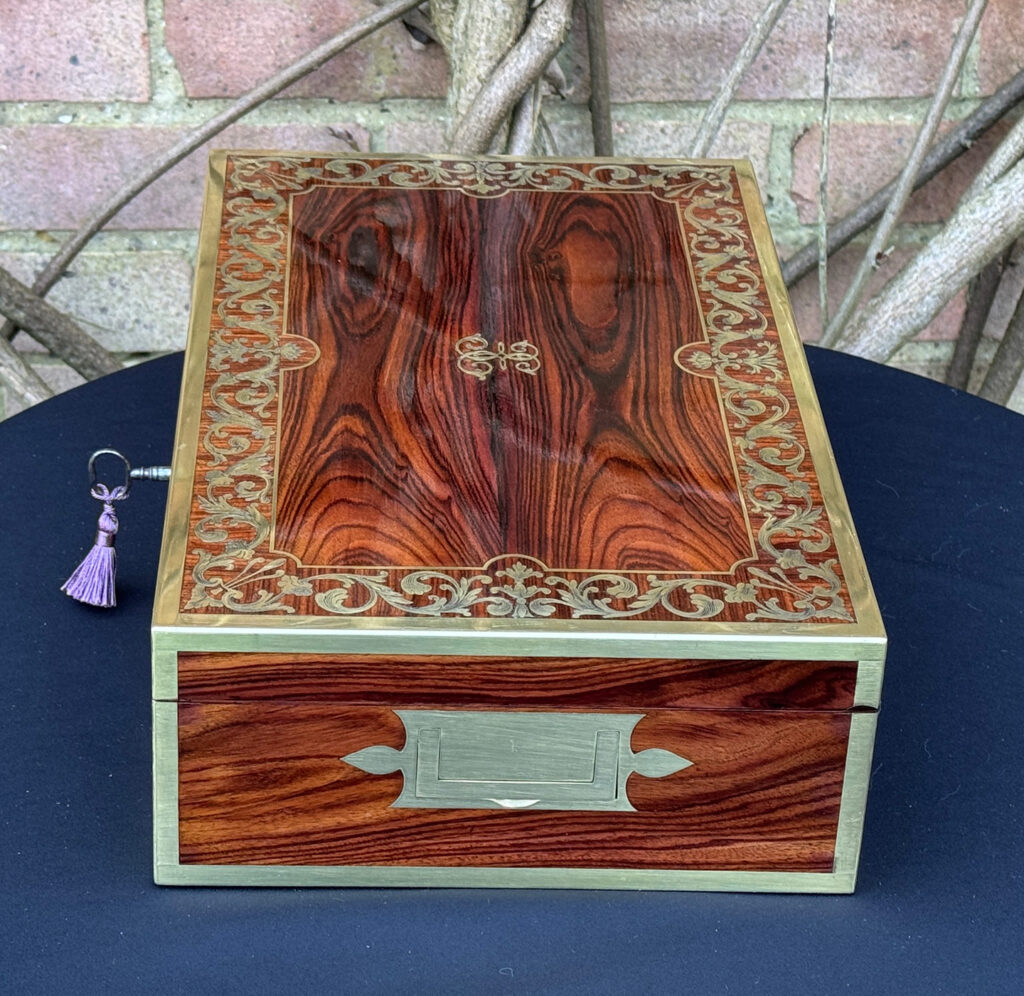Right side view of an Antique Jewellery Box in Kingwood with Brass Inlay, by Wells and Lambe.
