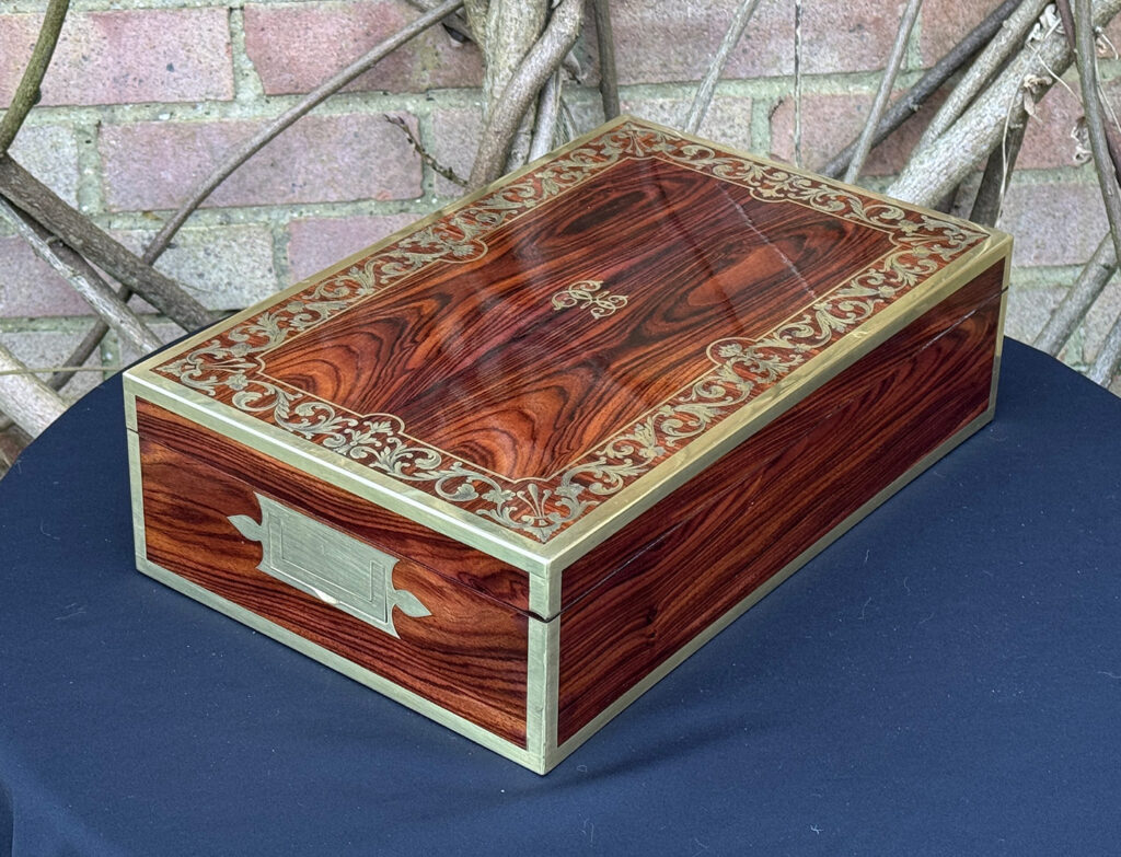 Rear right view of an Antique Jewellery Box in Kingwood with Brass Inlay, by Wells and Lambe.