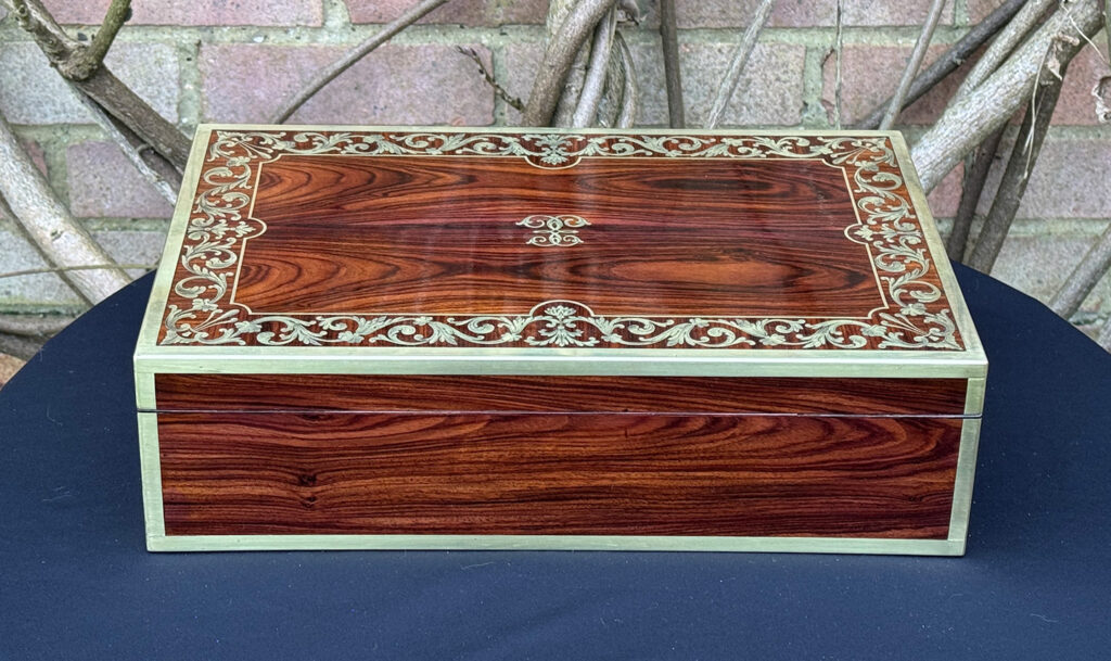 Rear view of an Antique Jewellery Box in Kingwood with Brass Inlay, by Wells and Lambe.