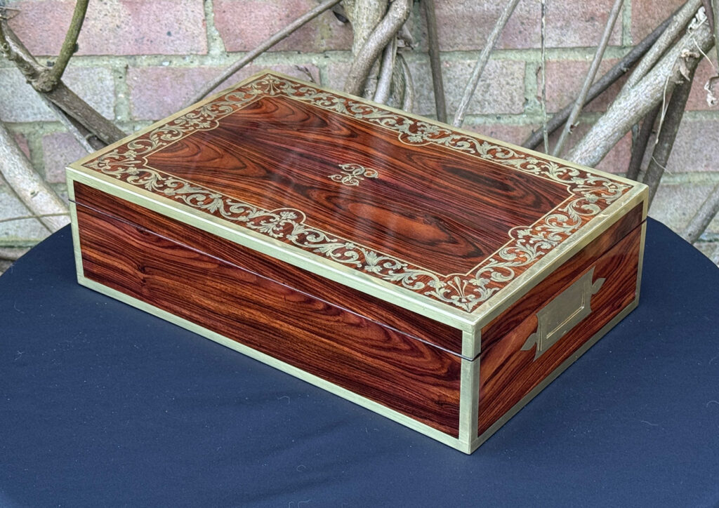 Rear left view of an Antique Jewellery Box in Kingwood with Brass Inlay, by Wells and Lambe.