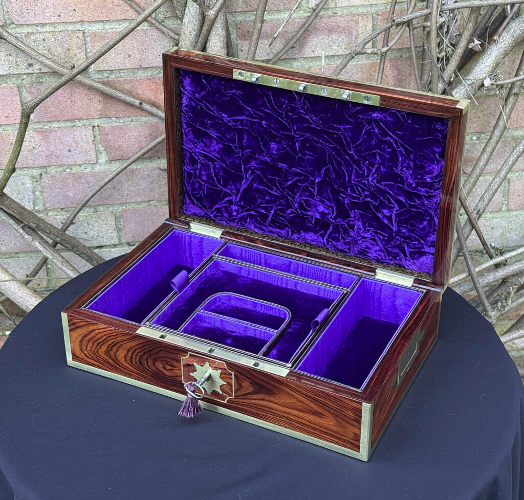 Front right internal view of an Antique Jewellery Box in Kingwood with Brass Inlay, by Wells and Lambe.