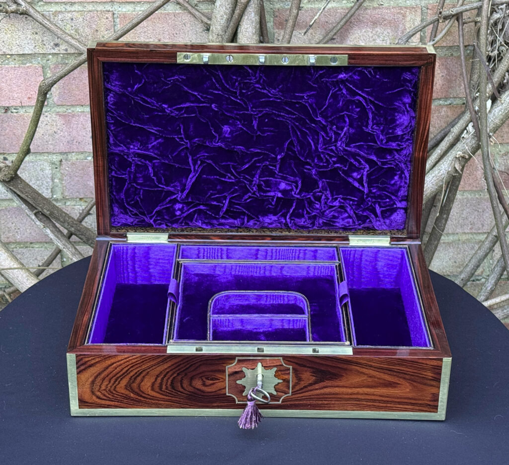 Front internal view of an Antique Jewellery Box in Kingwood with Brass Inlay, by Wells and Lambe.