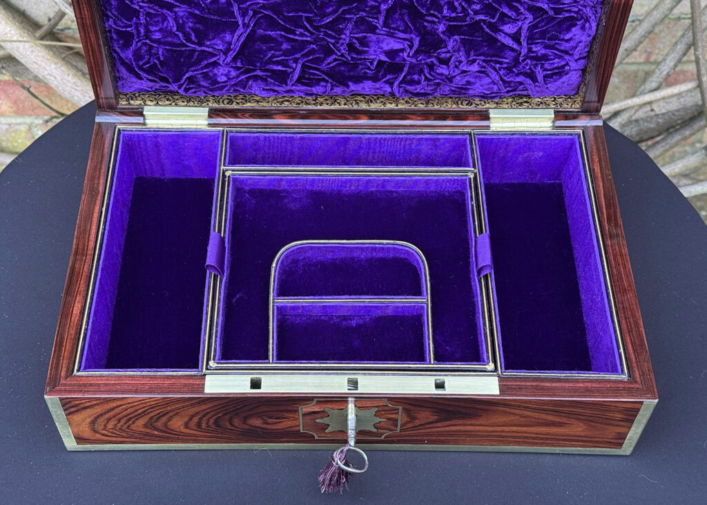 Overhead internal view of an Antique Jewellery Box in Kingwood with Brass Inlay, by Wells and Lambe.
