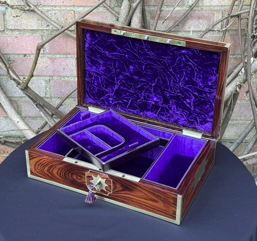 Front right internal view of an Antique Jewellery Box in Kingwood with Brass Inlay, by Wells and Lambe with tray removed.