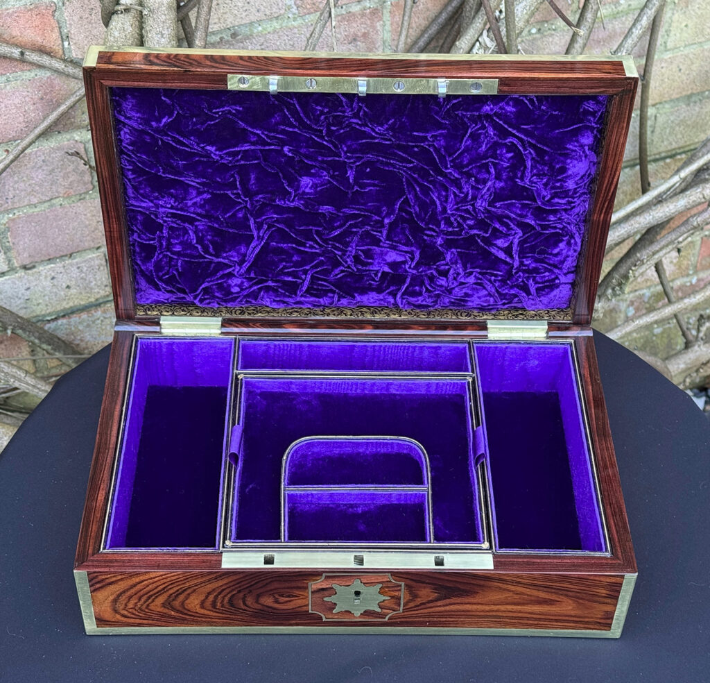 Top internal view of an Antique Jewellery Box in Kingwood with Brass Inlay, by Wells and Lambe.