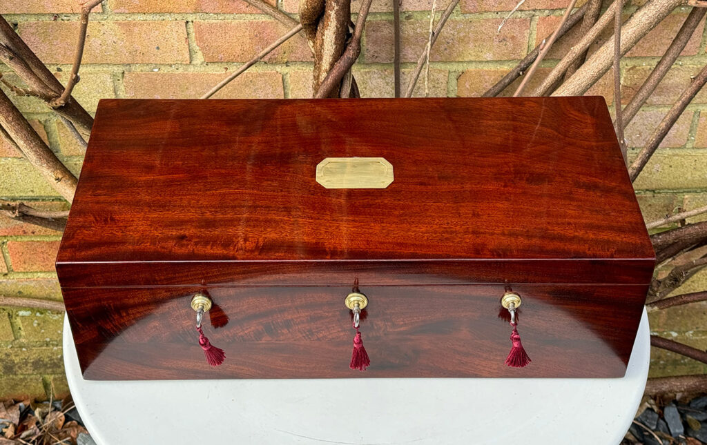 Overhead view of a Large Antique Jewellery Strong Box with Three Bramah Locks.