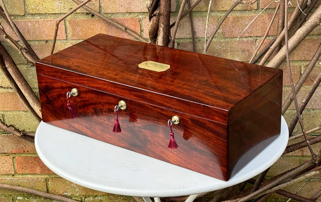 Front right view of a Large Antique Jewellery Strong Box with Three Bramah Locks.