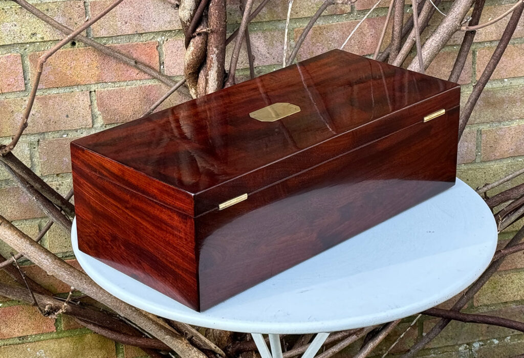 Rear right view of a Large Antique Jewellery Strong Box with Three Bramah Locks.