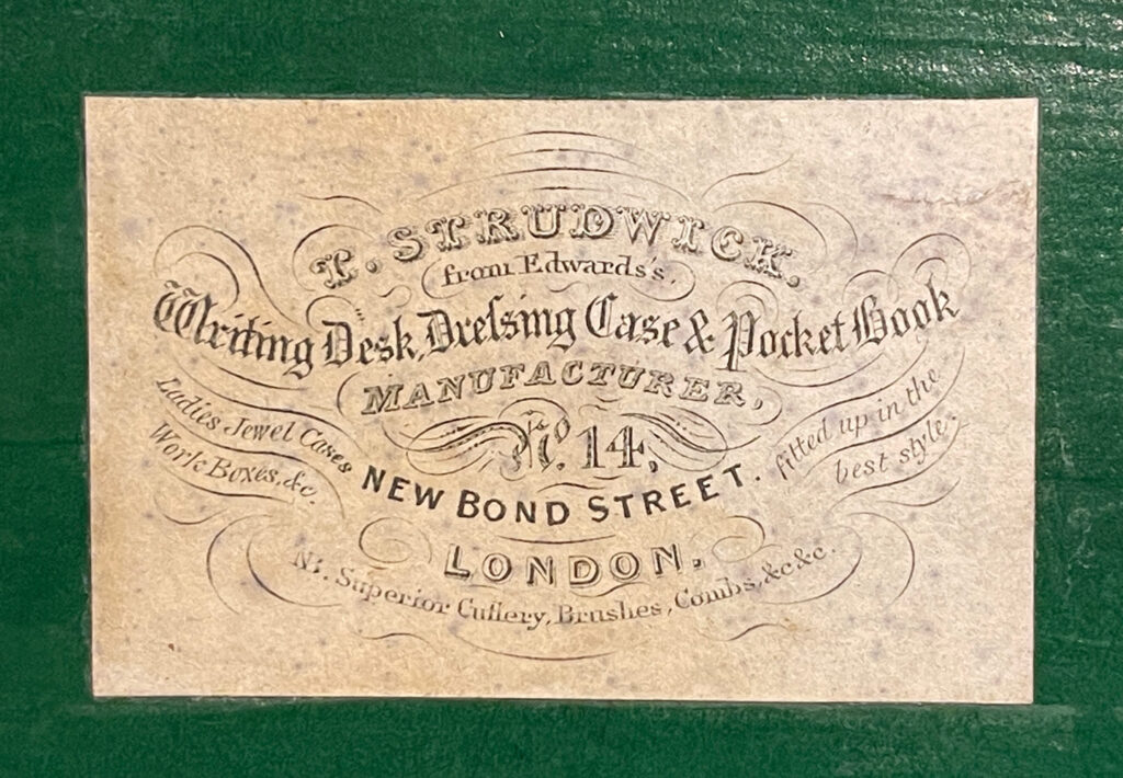 Paper makers label from an Antique Silver Mounted Dressing Case in Calamander, by Thomas Strudwick.
