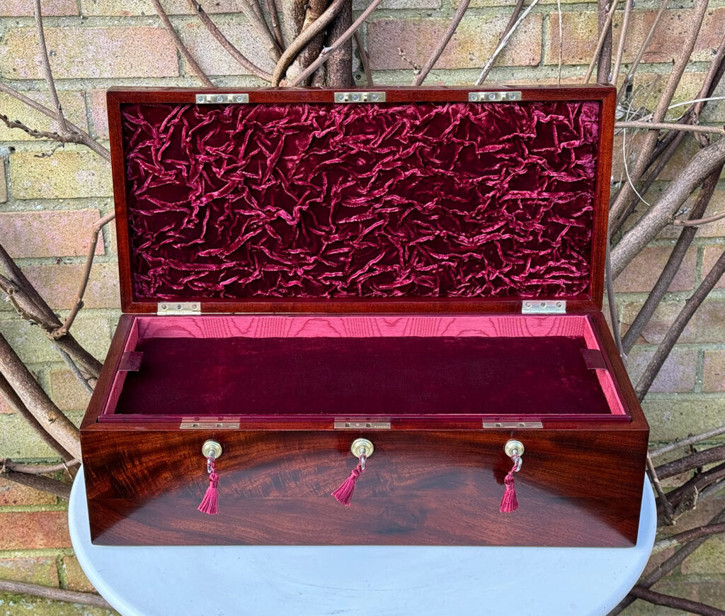 Front internal view of a Large Antique Jewellery Strong Box with Three Bramah Locks.