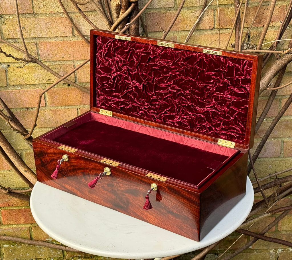 Front right internal view of a Large Antique Jewellery Strong Box with Three Bramah Locks.