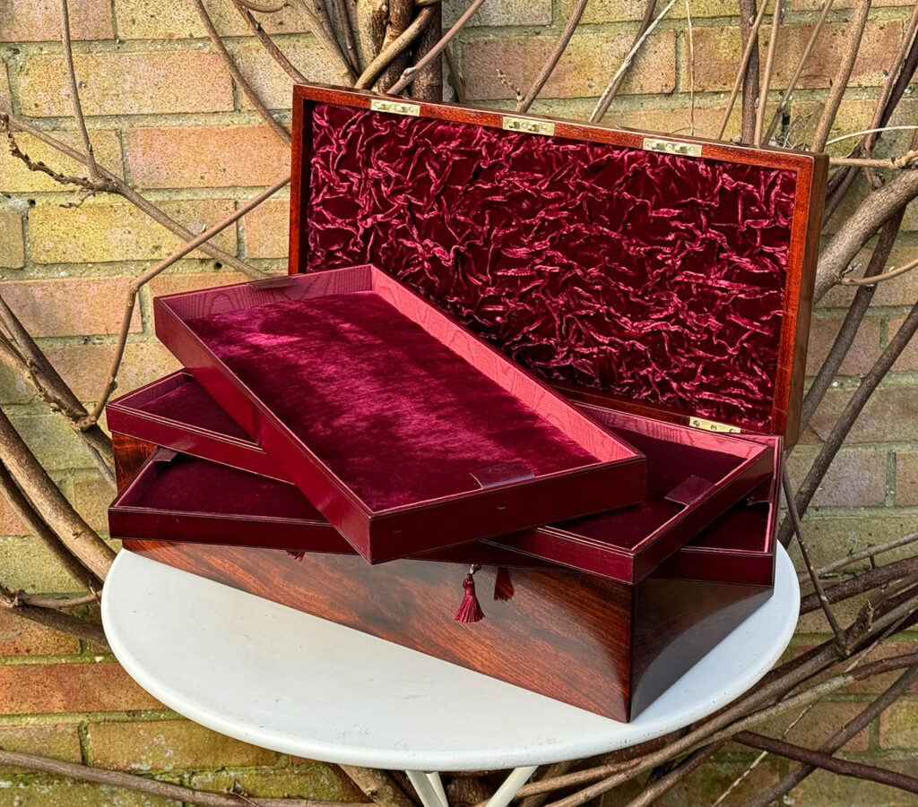 Front right internal view of a Large Antique Jewellery Strong Box with Three Bramah Locks with trays removed.