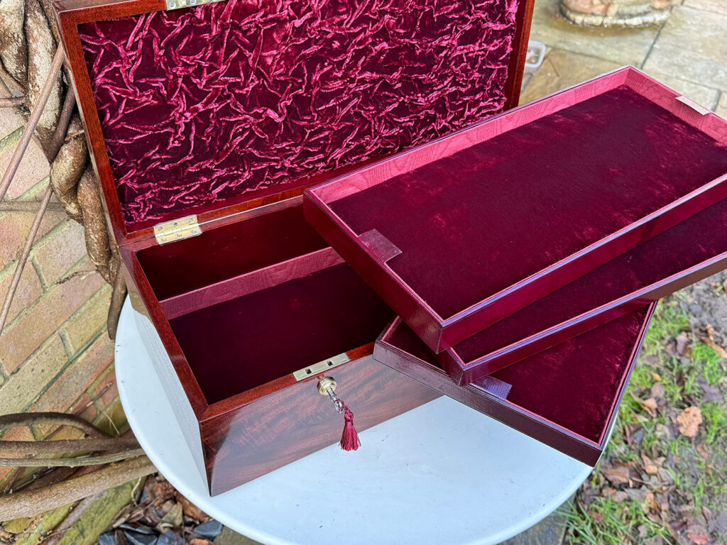 Overhead internal view of a Large Antique Jewellery Strong Box with Three Bramah Locks with trays removed.