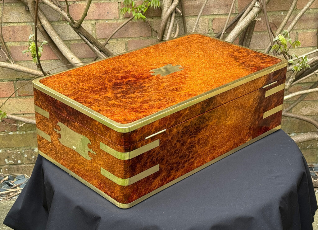 Rear right view of an Extra Large Antique Jewellery Box in Solid Amboyna, by Asprey.