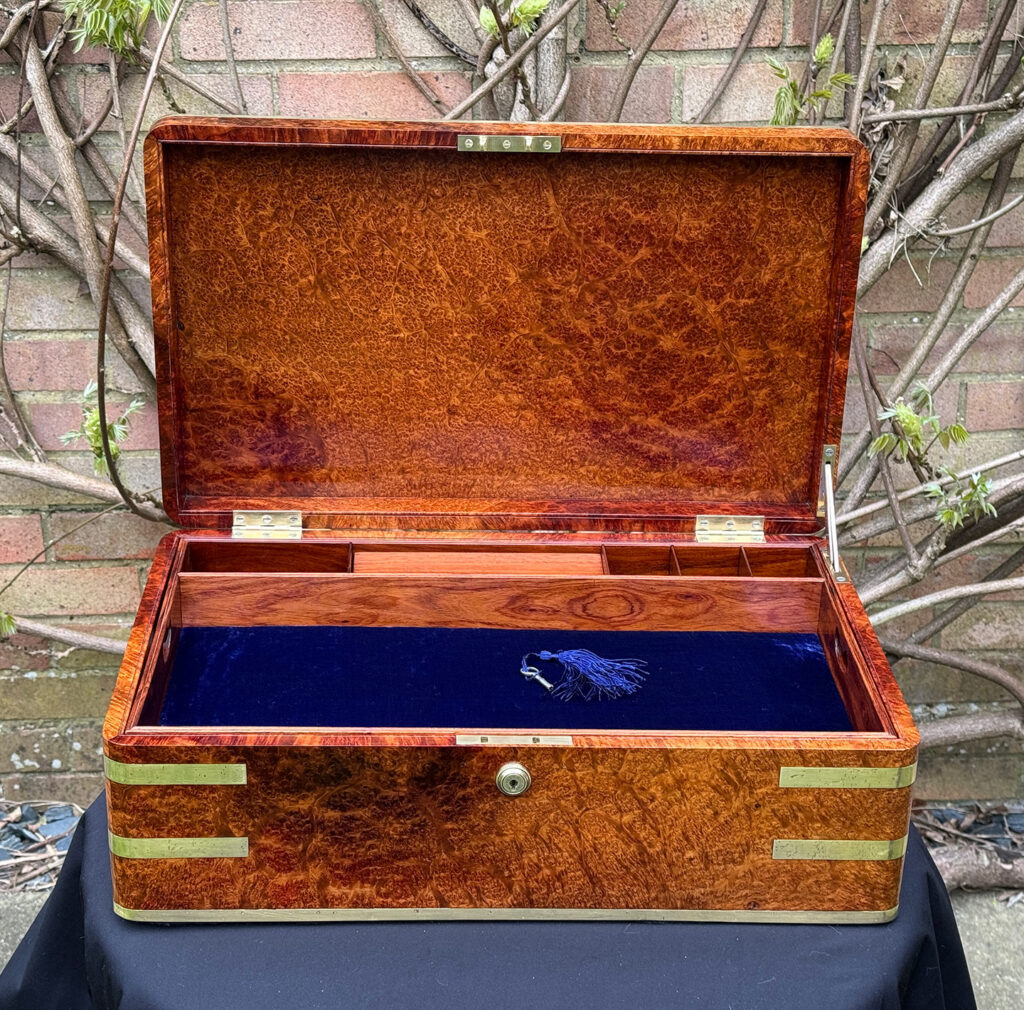 Front internal view of an Extra Large Antique Jewellery Box in Solid Amboyna, by Asprey.