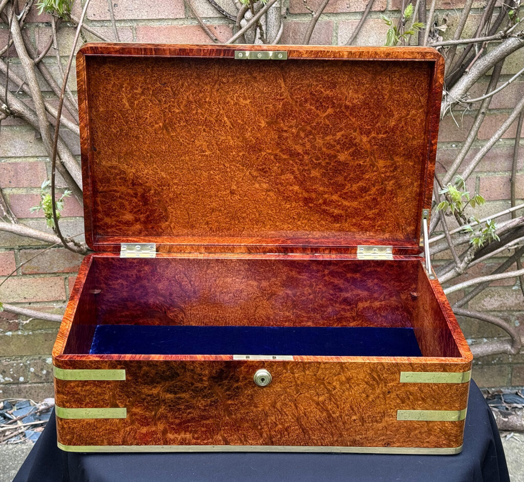 Front open view of an Extra Large Antique Jewellery Box in Solid Amboyna, by Asprey.