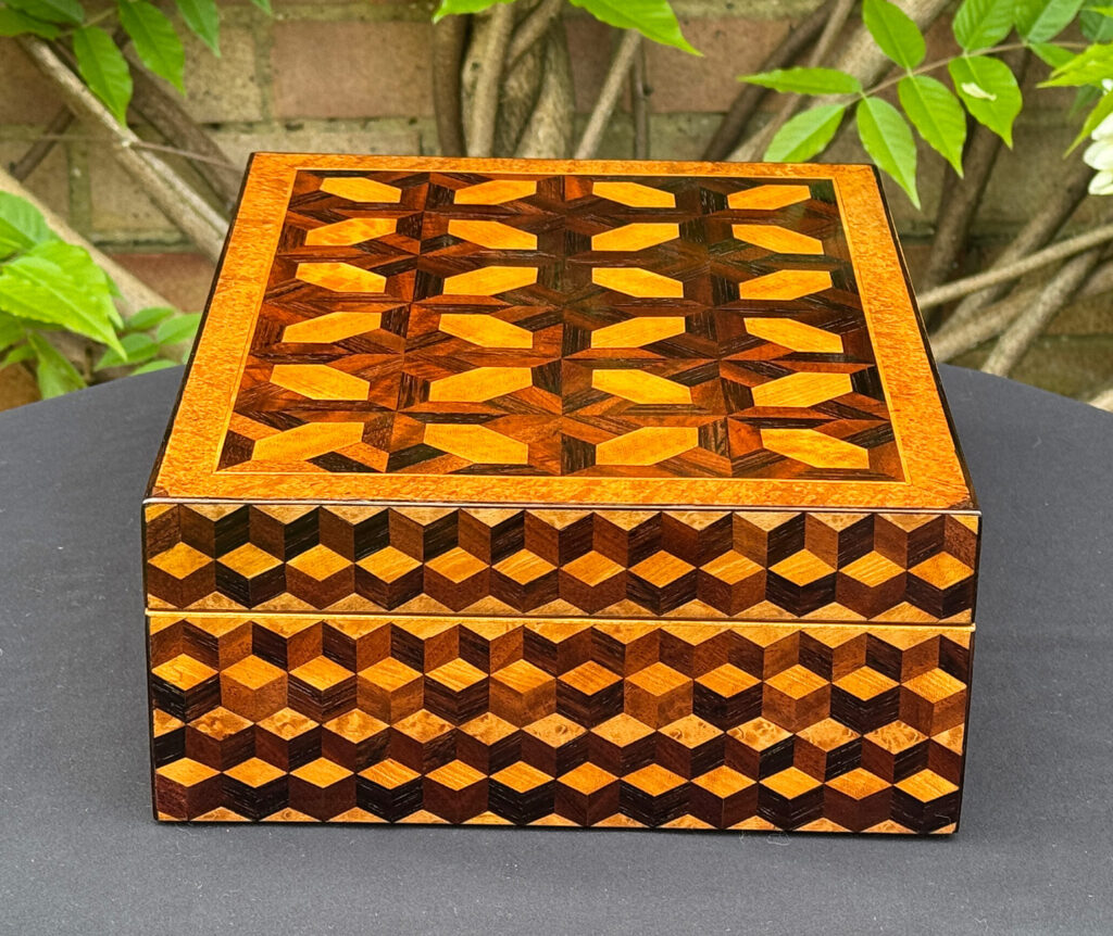 Right side view of an Antique Jewellery Box with Parquetry Inlay.
