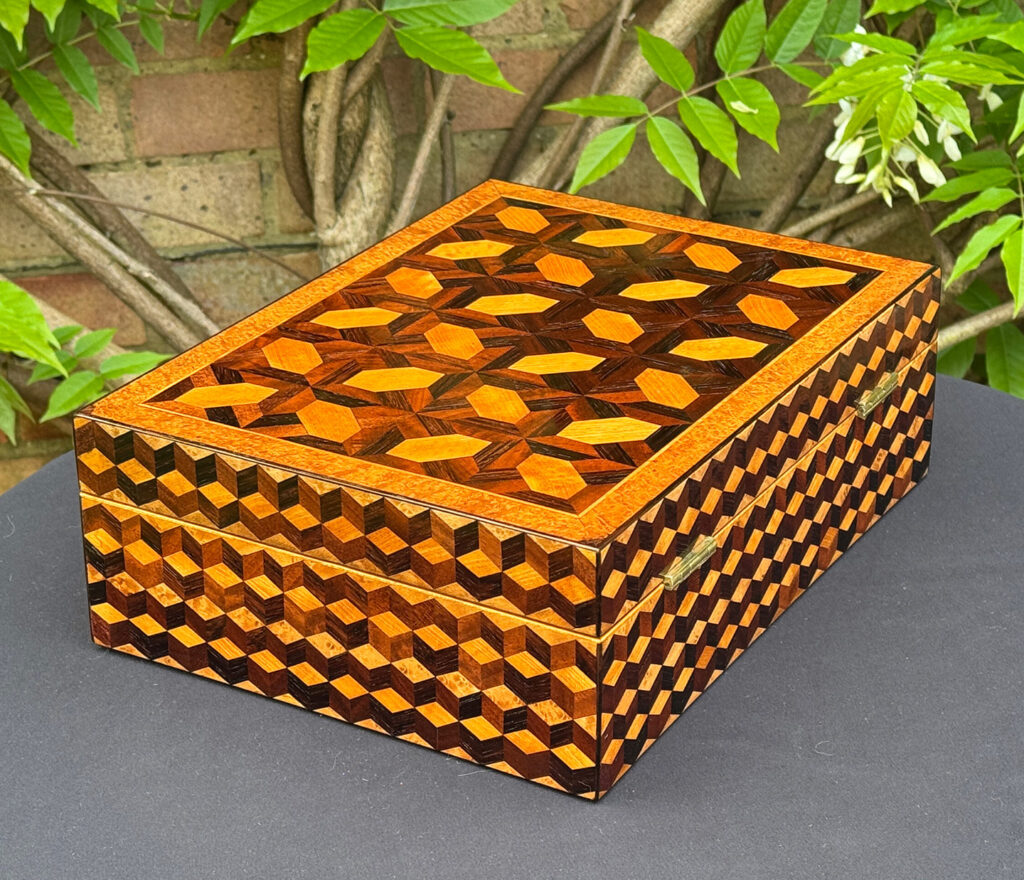 Right side view of an Antique Jewellery Box with Parquetry Inlay.