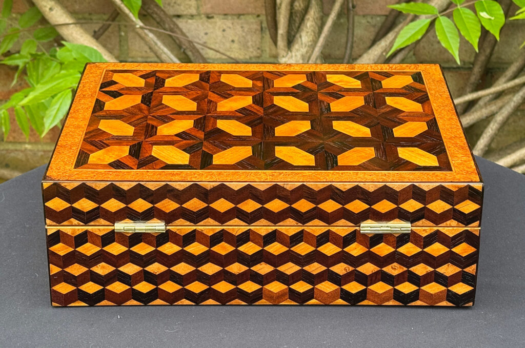 Rear view of an Antique Jewellery Box with Parquetry Inlay.