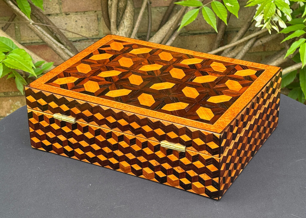Rear left view of an Antique Jewellery Box with Parquetry Inlay.