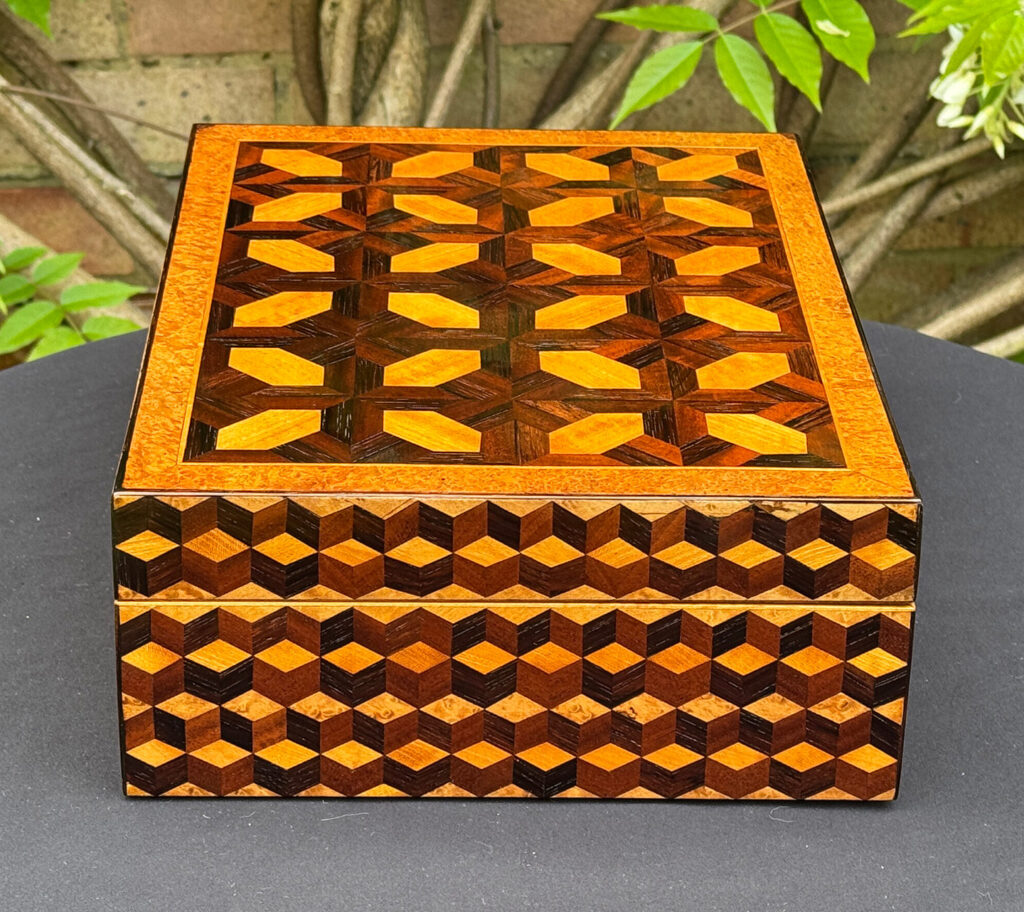 Right side view of an Antique Jewellery Box with Parquetry Inlay.