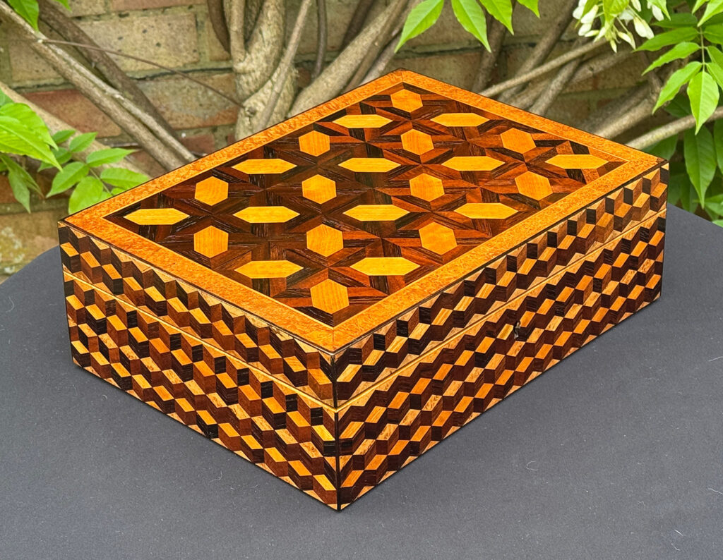 Rear right view of an Antique Jewellery Box with Parquetry Inlay.