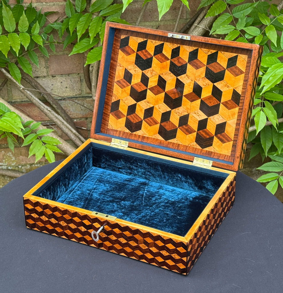 Front right internal view of an Antique Jewellery Box with Parquetry Inlay.