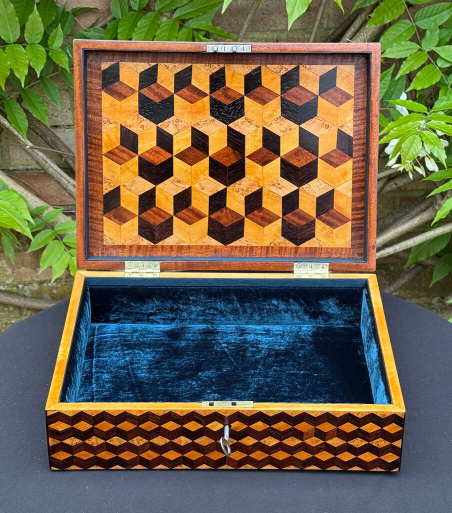 Front internal view of an Antique Jewellery Box with Parquetry Inlay.