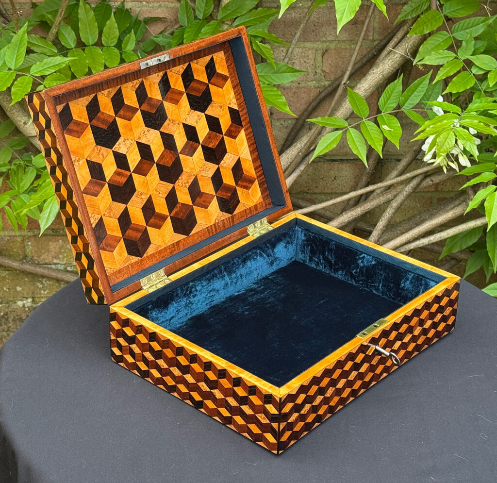 Left internal view of an Antique Jewellery Box with Parquetry Inlay.