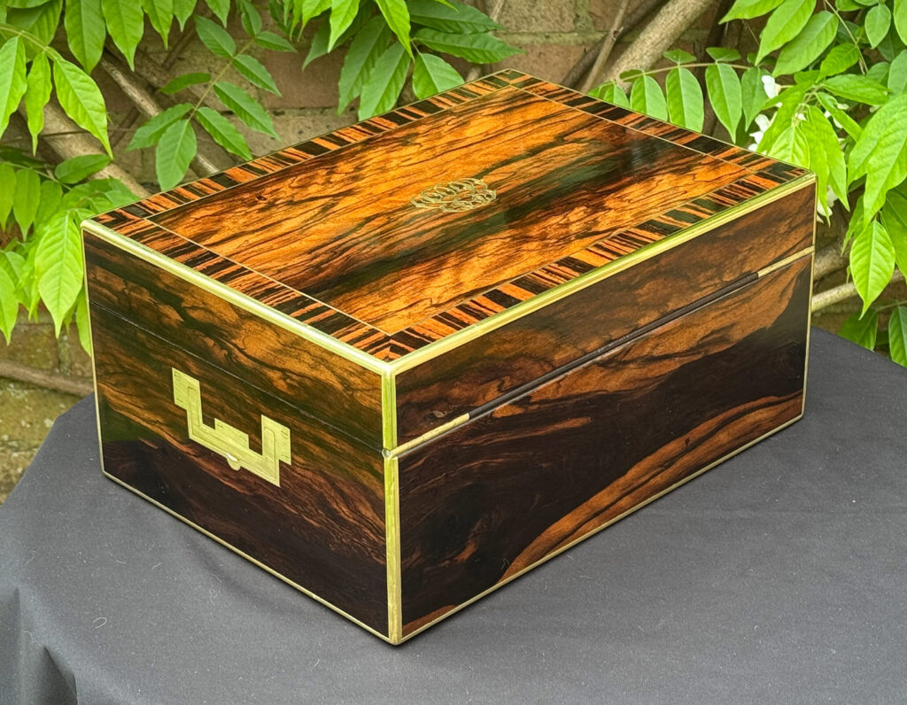 Rear right view of an Antique Jewellery Box in Calamander, by Edwards.