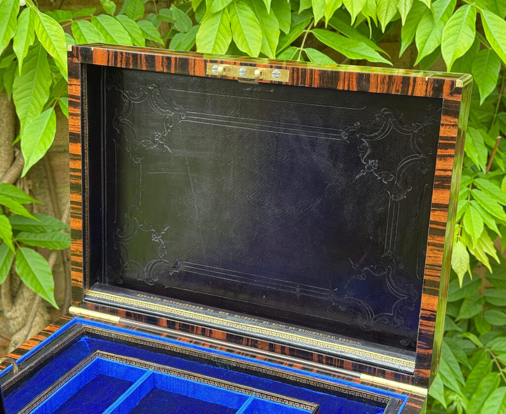 Closer view of the underside of the lid from an Antique Jewellery Box in Calamander, by Edwards.